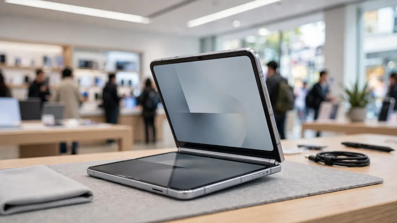 A foldable smartphone half-open on a display table in a bright retail store