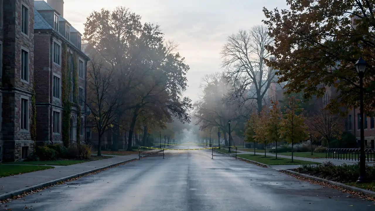 A quiet university campus street at dawn with police tape in the distance