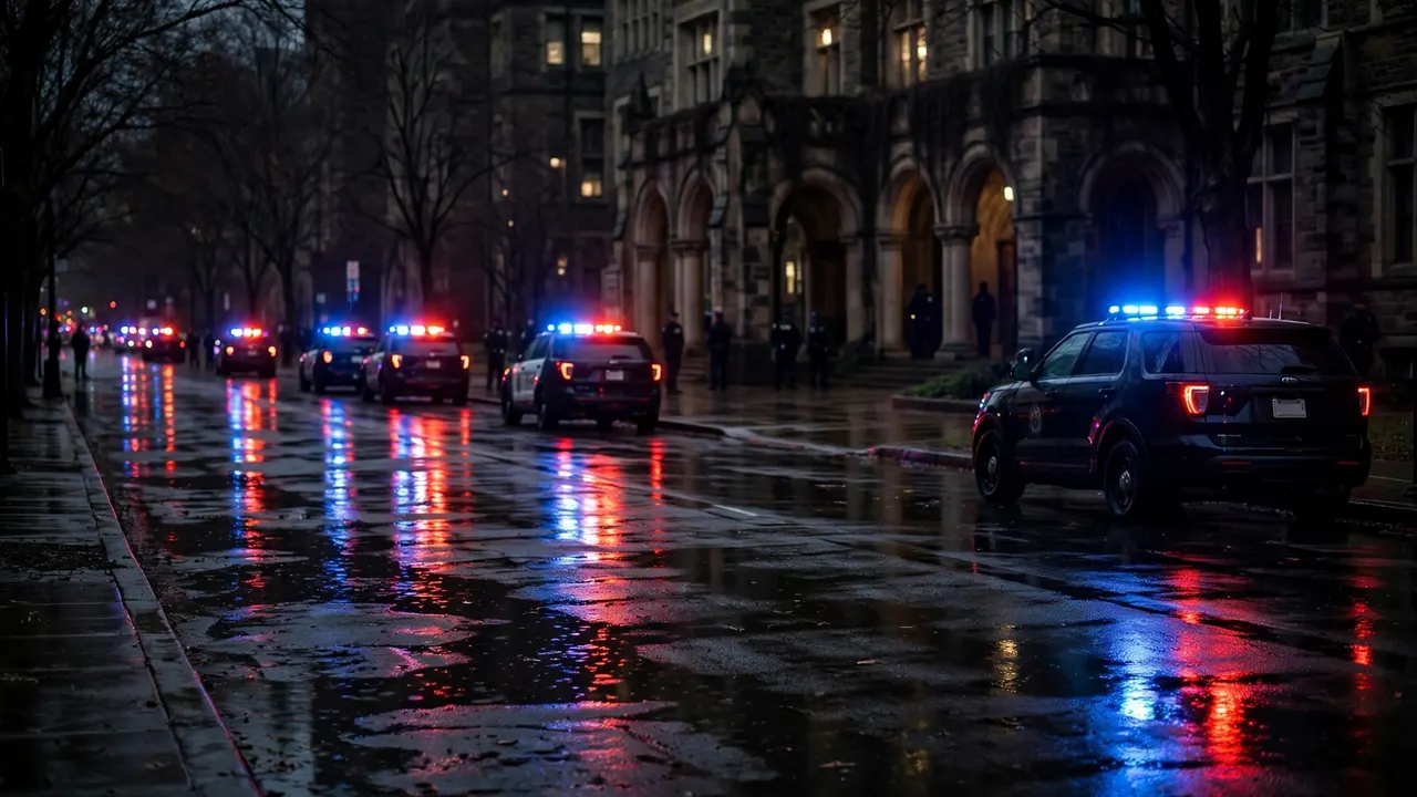 Police vehicles with flashing lights on a street at night near a university campus