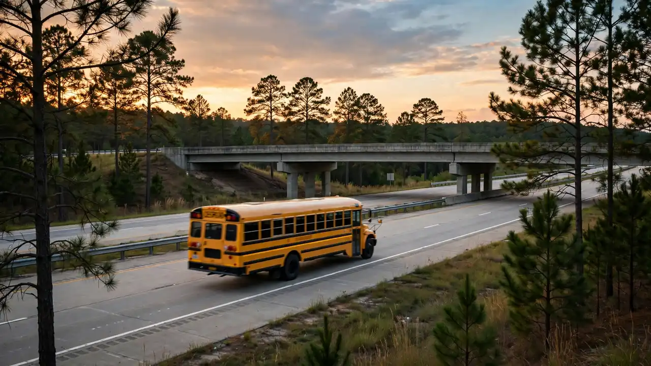 A yellow school bus on a Georgia highway at dusk
