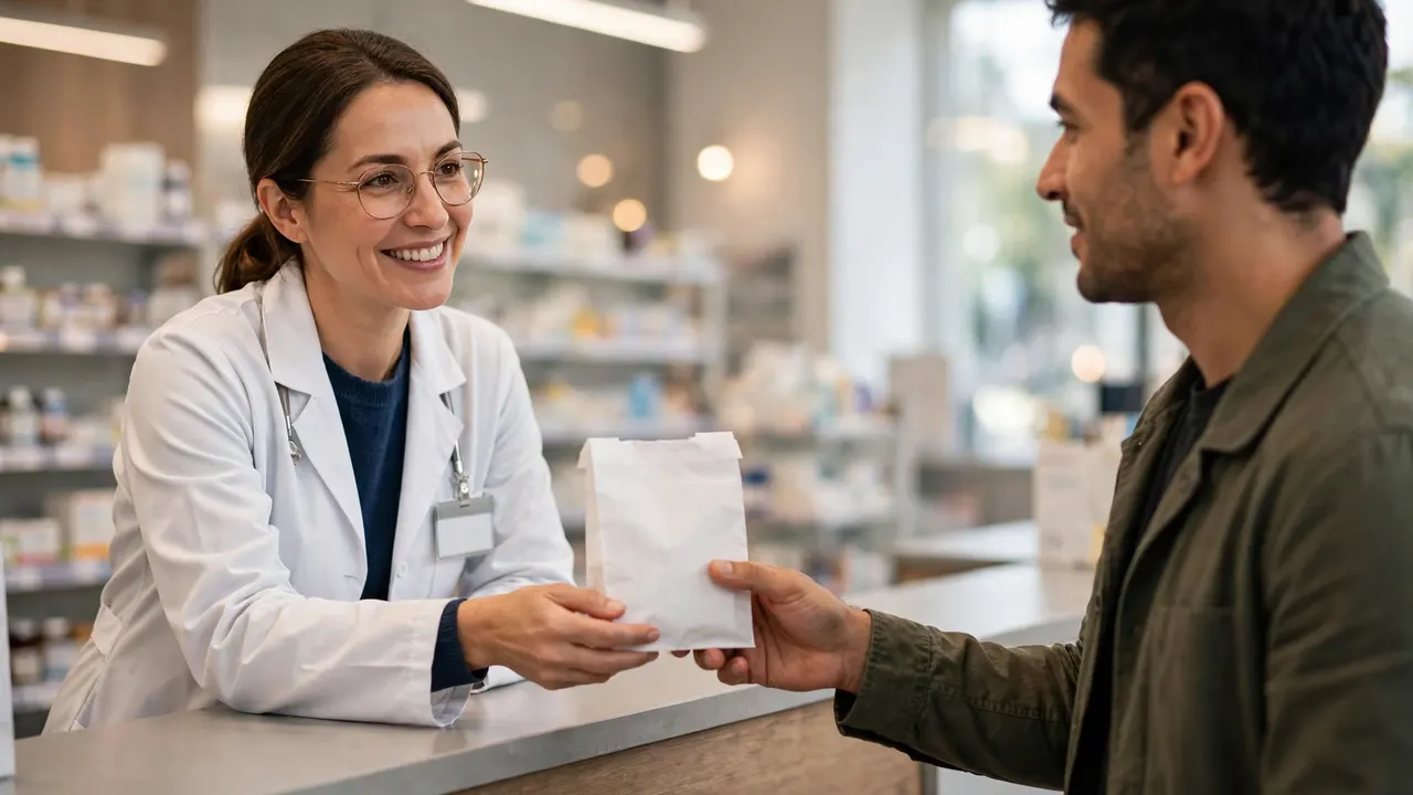A pharmacist handing a prescription bag to a patient at a pharmacy counter