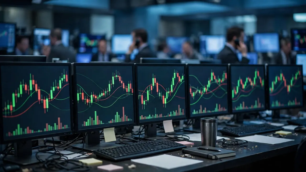 Stock market data on screens at a trading desk during a volatile session