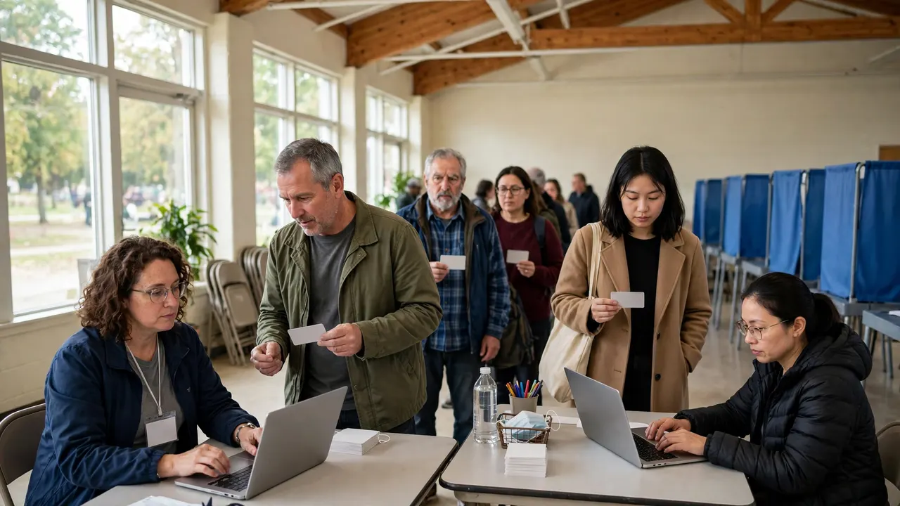 Voters checking in at an early voting site with 'Vote' signage