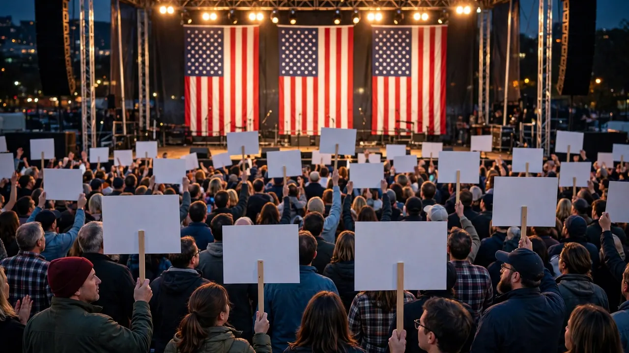 A large crowd at an evening campaign rally, American flags behind the stage