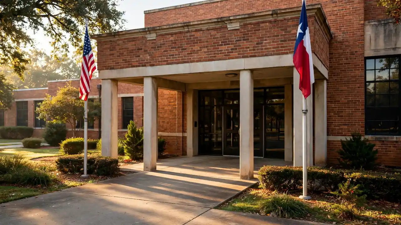 The front entrance of a Texas public school building in morning light