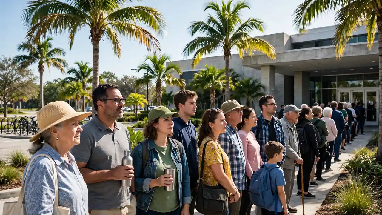 Voters lining up outside an early voting location in Florida under palm trees