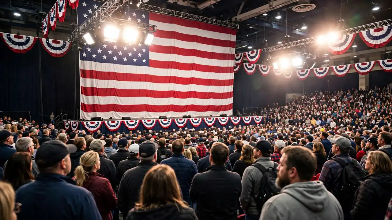 A presidential rally crowd in Georgia with American flags and a large stage screen