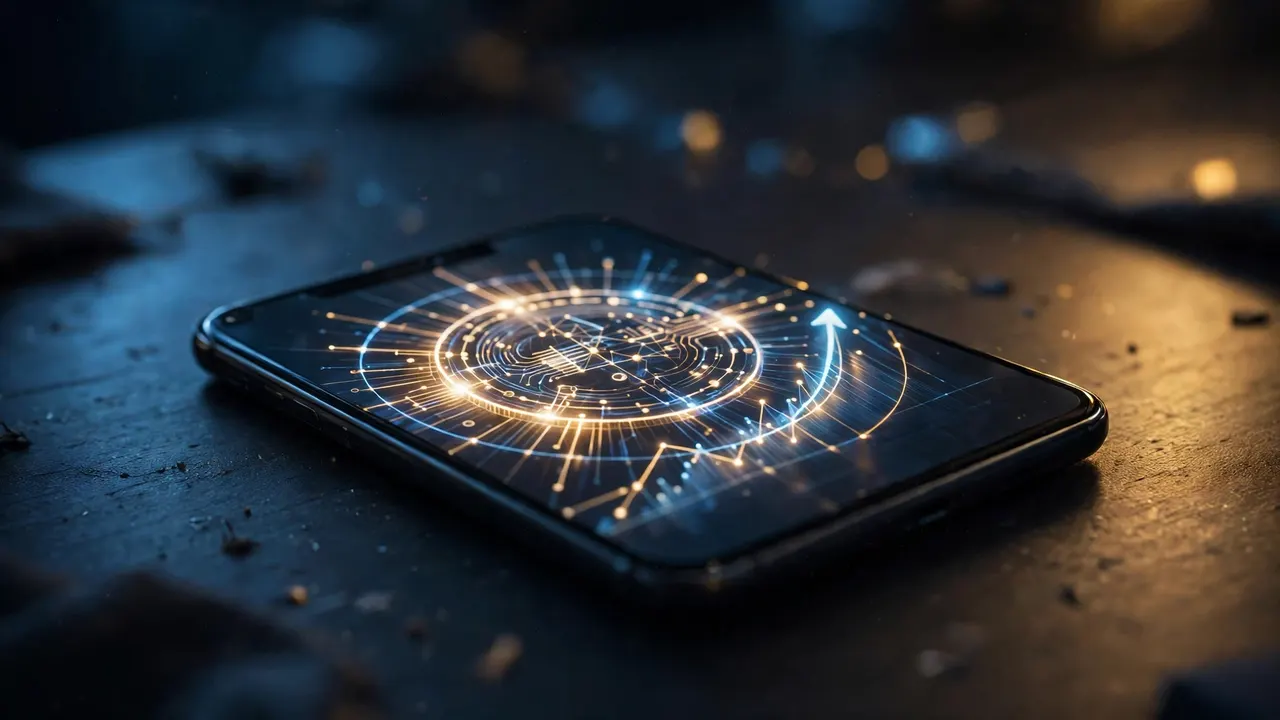 Cryptocurrency symbols and trading charts on a phone screen