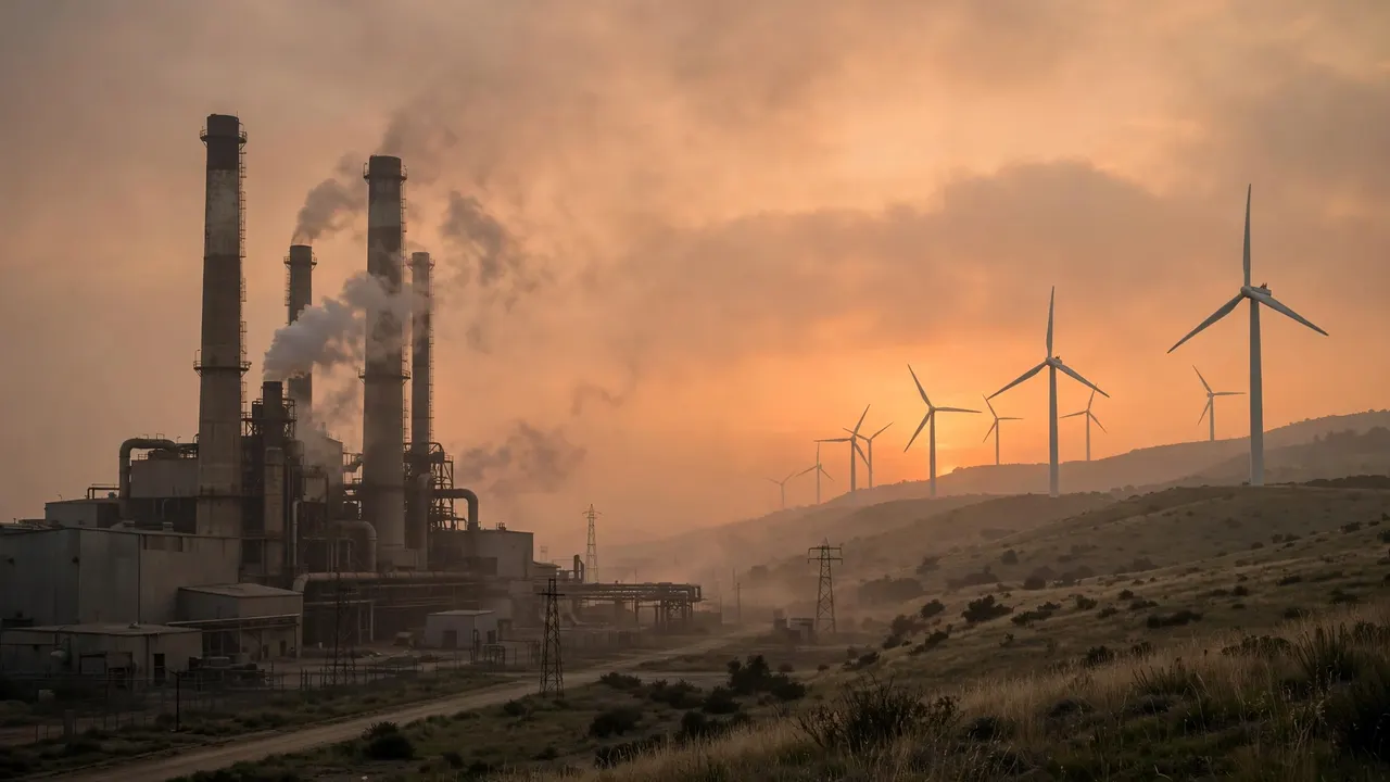 Smokestacks and wind turbines beneath a hazy sky at sunset